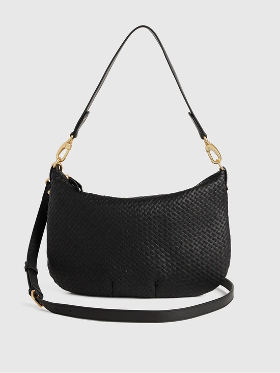 Quince Handbags - QUINCE Italian Leather Convertible Crescent Handwoven Shoulder Bag Black 8228